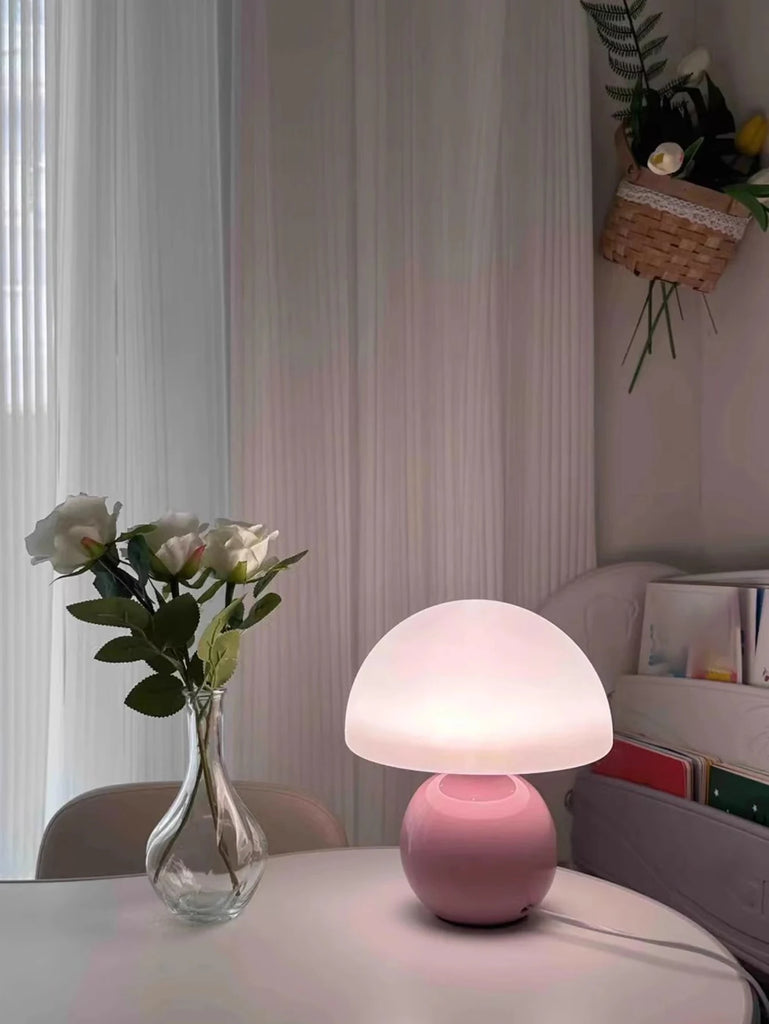 Lampe de table champignon en verre rose - Éclairage doux et style élégant