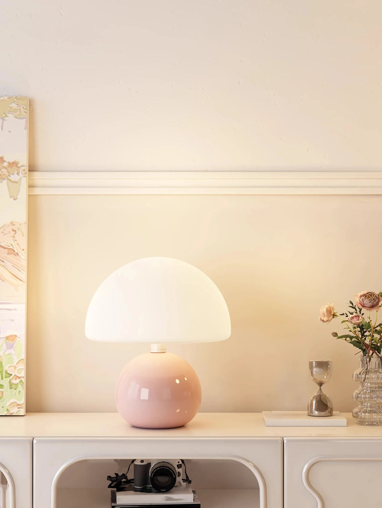 Lampe de table champignon en verre rose - Éclairage doux et style élégant